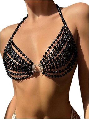 Women's Black Pearl Beaded Halter Sleeveless Backless Beach Cover Up Bikini Top